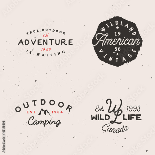 Adventure themed logotypes, retro logo templates in minimal vintage style.