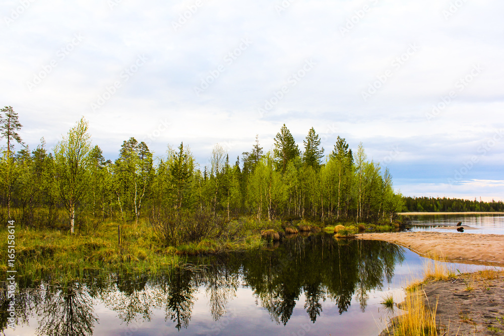 Obraz premium Evening landscape with a lake (Kola Peninsula, North of Russia)