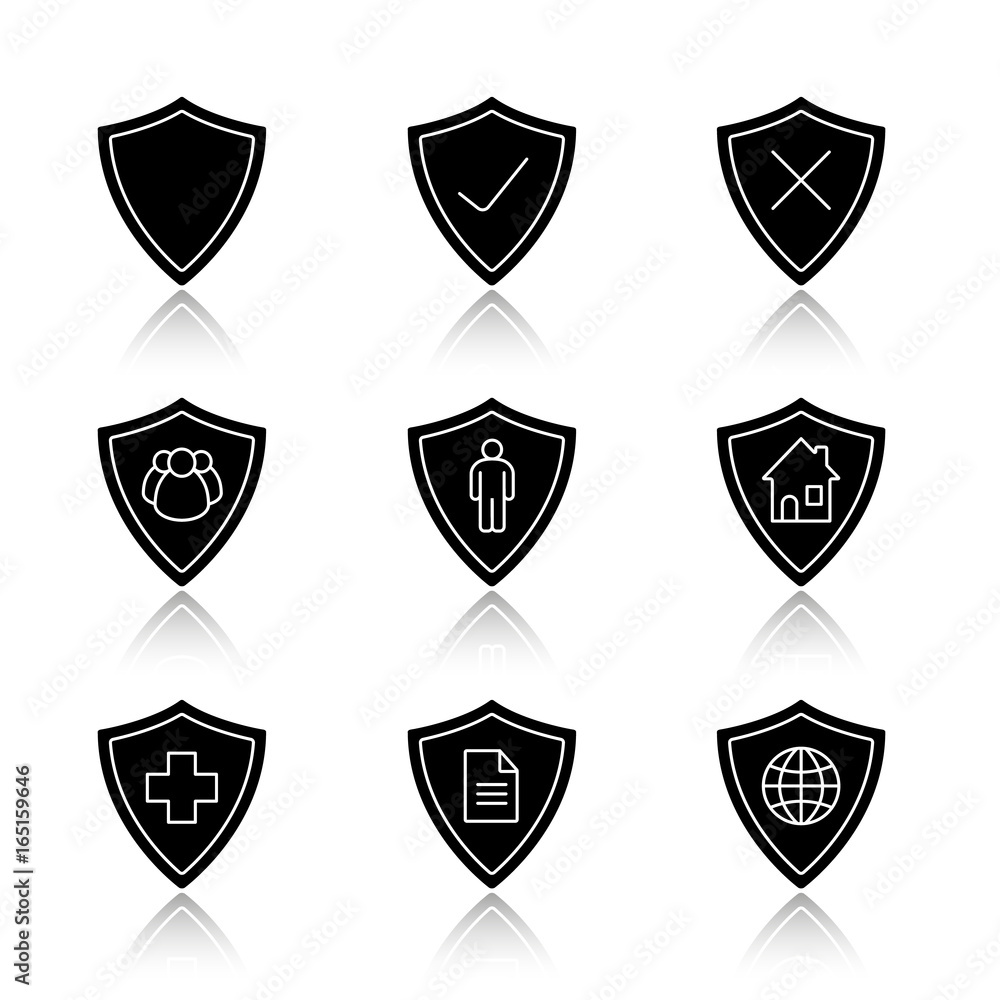 Protection shields drop shadow black glyph icons set Protection shields drop shadow black glyph icons set