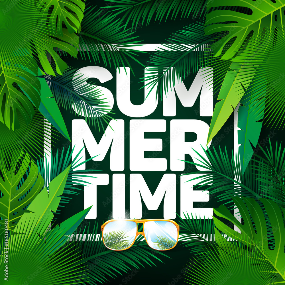 Fototapeta premium Vector Summer Time Holiday typographic illustration on palm leaves background. Tropical plants and flowers.