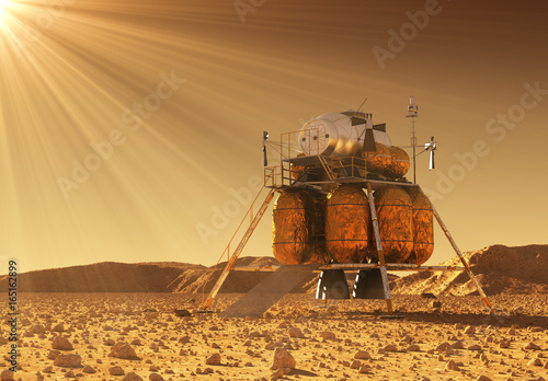 Fototapeta Naklejka Na Ścianę i Meble -  Descent Module Of Interplanetary Space Station In The Rays Of Martian Sun