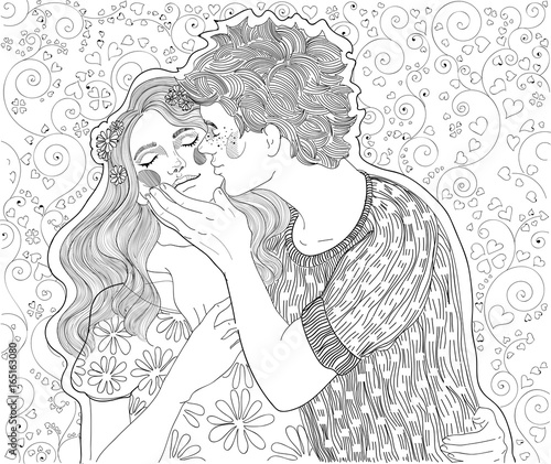 beautiful young couple, the guy kisses the girl on the cheek and hugs, against the background of blossoming hearts