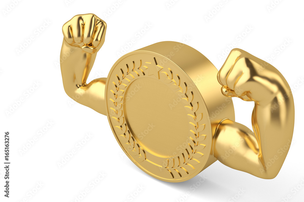 Creative concept muscle gold coin 3D illustration