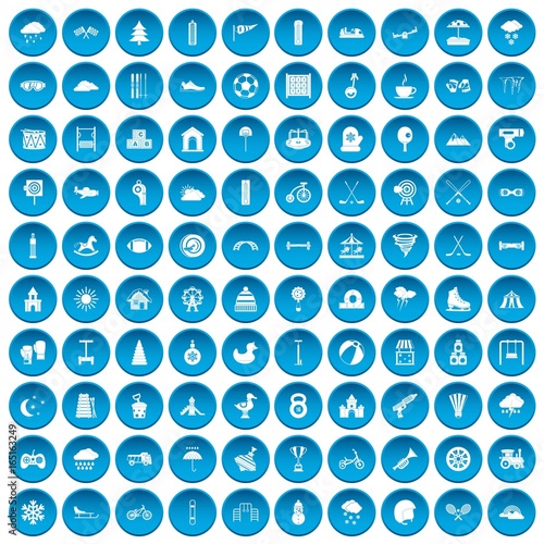 100 kids games icons set blue