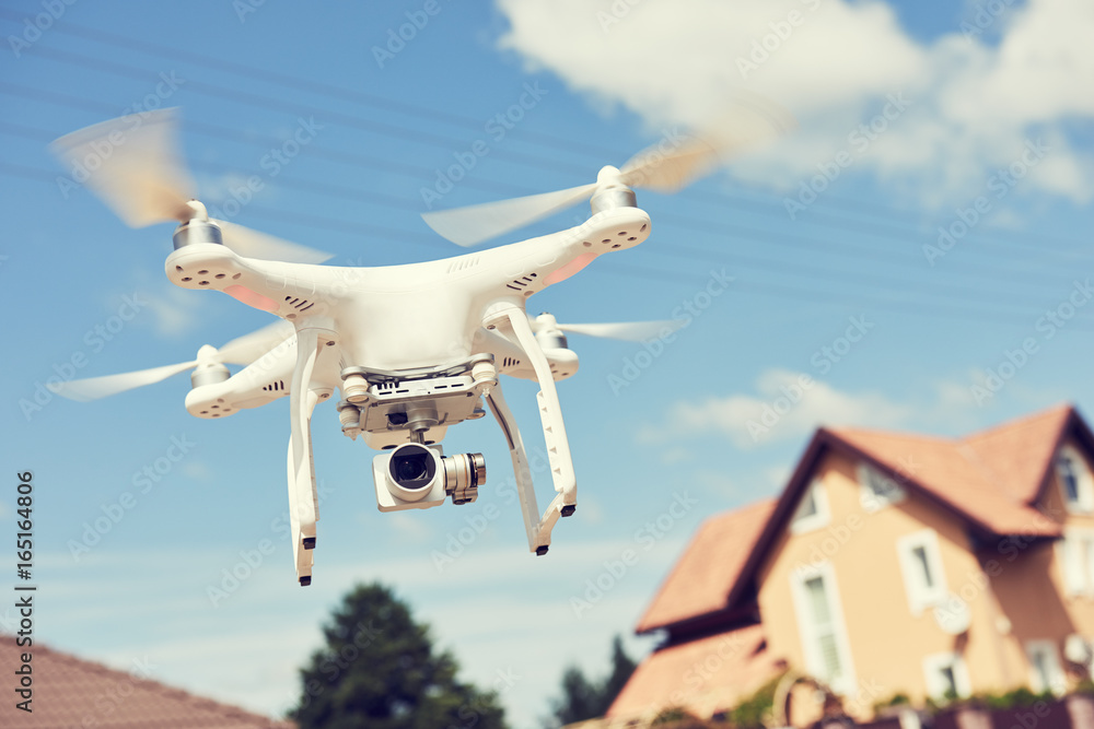 drone usage. private property protection or real estate check - obrazy, fototapety, plakaty 