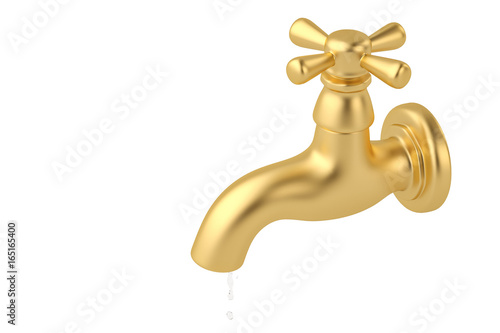 Gold tap with a water stream isolated on white 3d illustration.