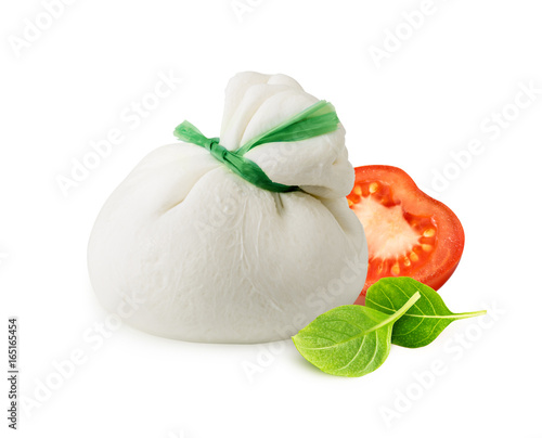 Fotografie Burrata cheese with tomato and basil leaves isolated on white background with clipping path