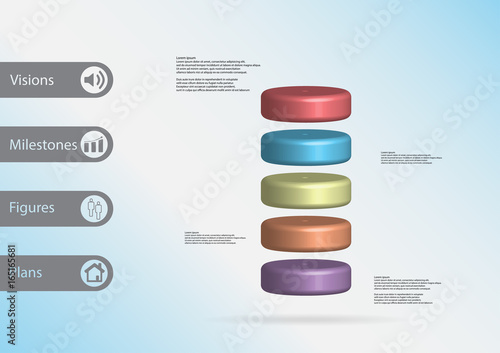 3D illustration infographic template with cylinder horizontally divided to five color slices