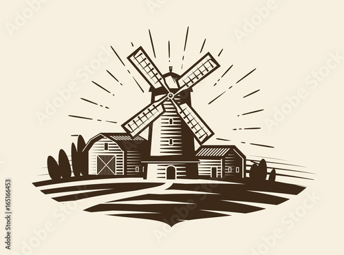 Farm, rural landscape logo or label. Agriculture, agribusiness, village, mill icon. Vintage vector illustration