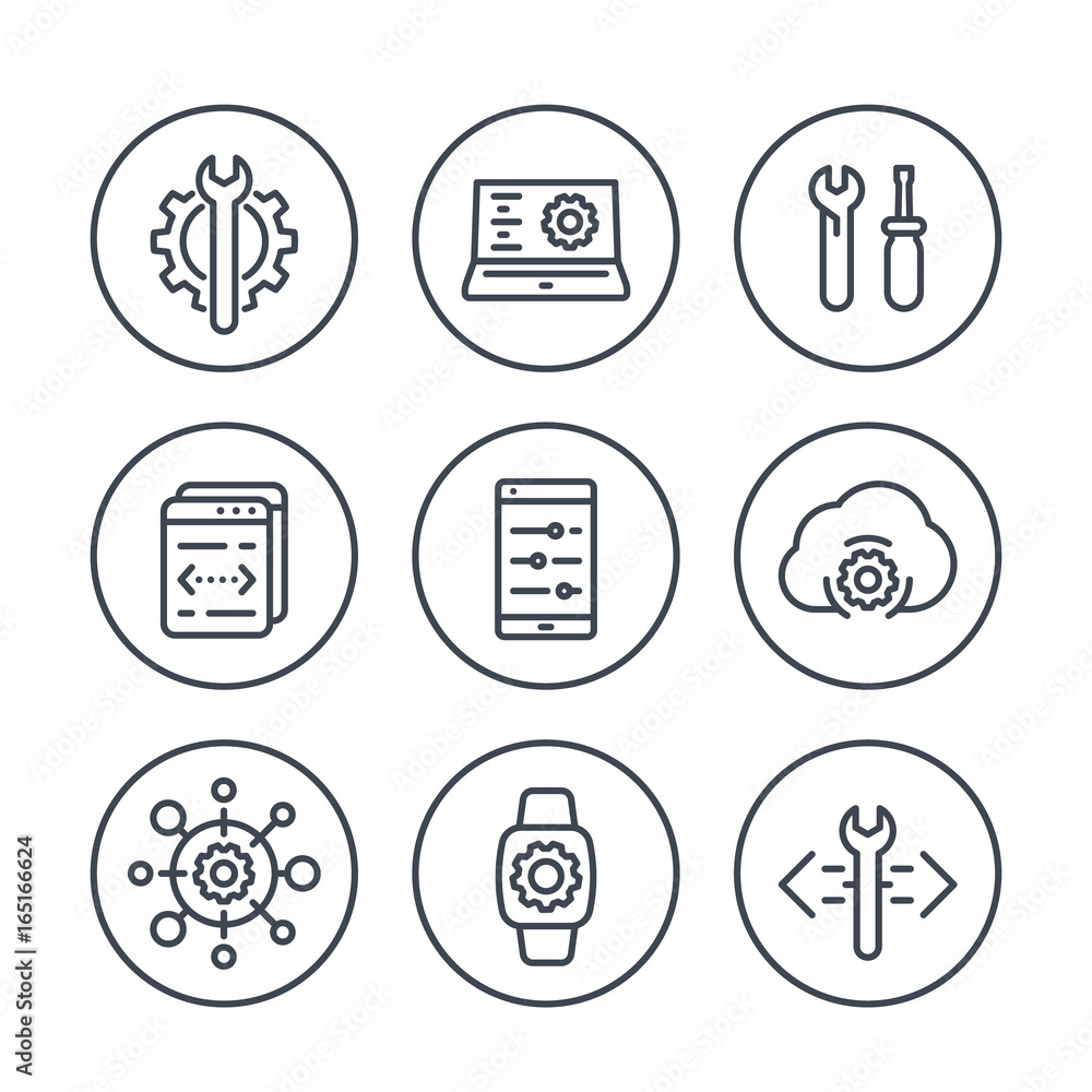 Fototapeta premium development, engineering, configuration line icons in circles for apps and web