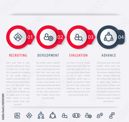 Staff, employee development steps, infographic elements, icons, timeline