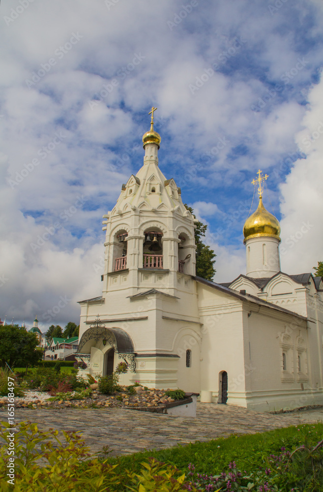 Sergiev Passad, Territory adjacent to the Temple of St. Sergius of Radonezh. Chapel, Temple of Paschvoi Friday. Summer, Russia. Landscape.