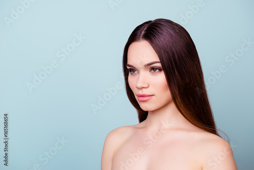 Wellbeing and wellness, beauty and health concept. Coseup photo of pretty young brunette woman, looking so fresh, healthy and attractive
