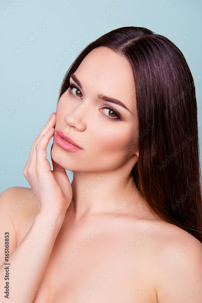 So cute and pure! Close up cropped photo of young charming brunette girl, touching gently her shining healthy skin So cute and pure! Close up cropped photo of young charming brunette girl, touching gently her shining healthy skin