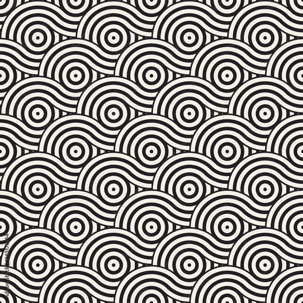 Vector seamless geometric pattern composed with circles and lines. Modern stylish rounded stripes texture. Repeating abstract background Vector seamless geometric pattern composed with circles and lines. Modern stylish rounded stripes texture. Repeating abstract background