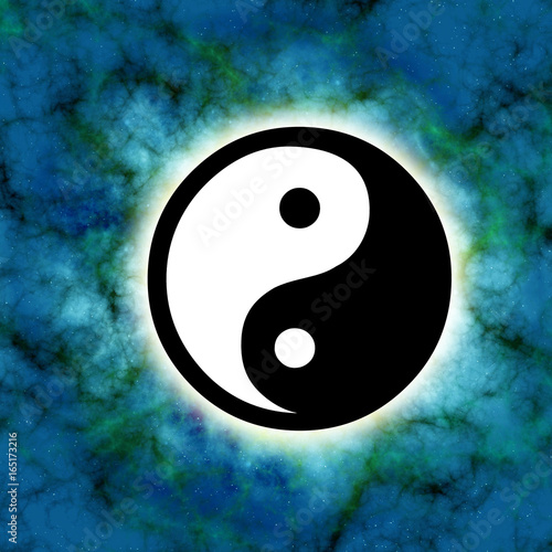 yin yang symbol over blue green mystical background 