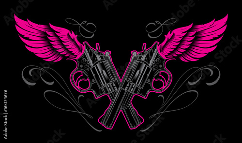 Pistols and wings with calligraphic design elements