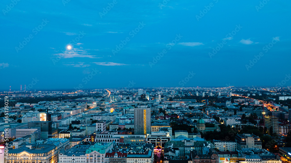 Night panorama of Warsaw, capital of Poland, Europe.
