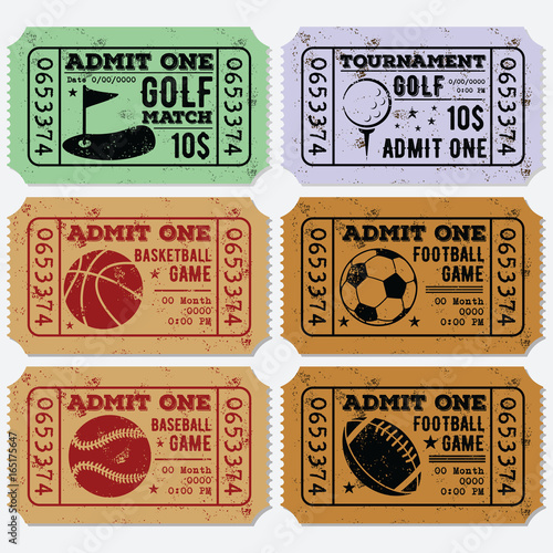 Set of Vintage grunge Tickets for golf, baseball, american football, soccer and basketball matches. Vector illustration