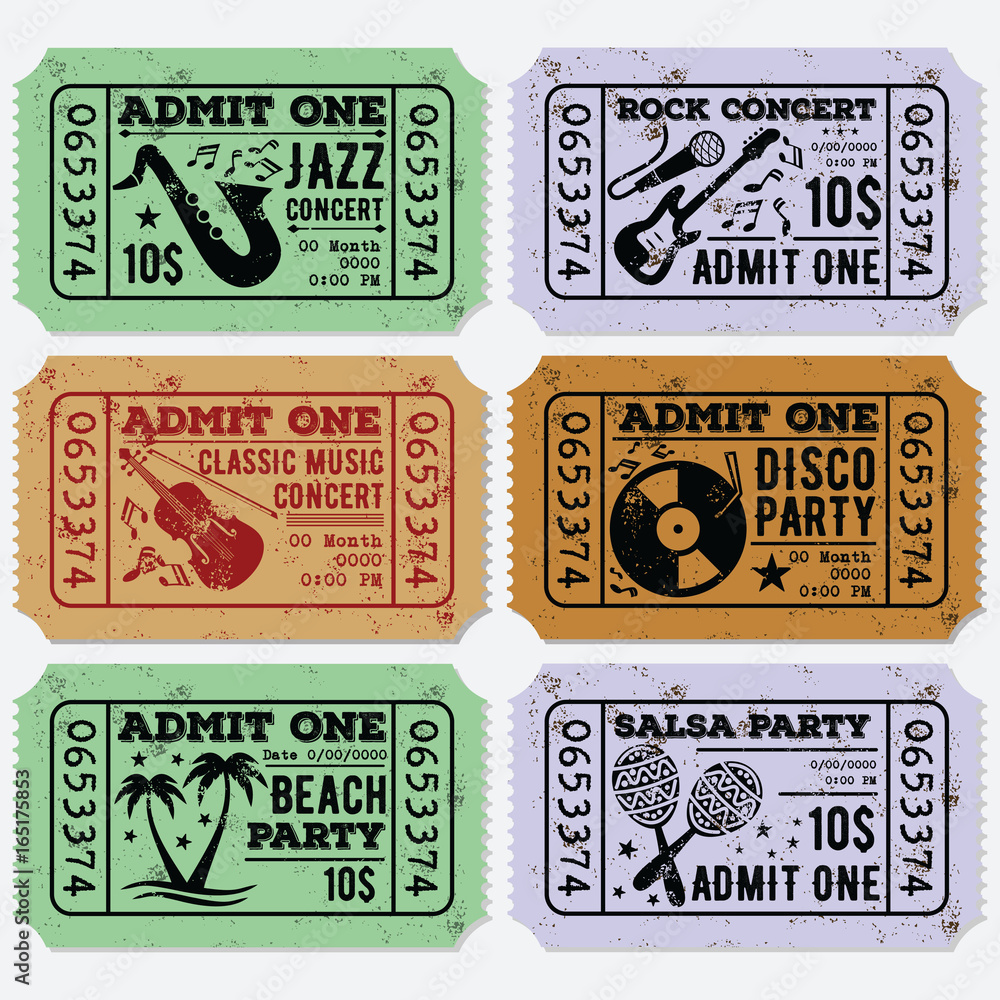 Set of Vintage grunge Tickets for jazz, rock and  classic music concerts and disco, beach and salsa parties. Vector illustration