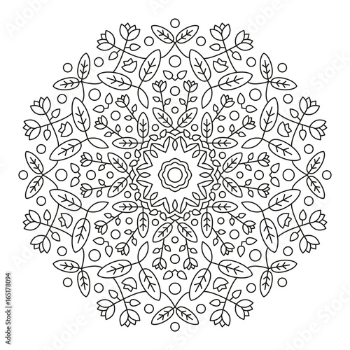 Fototapeta Naklejka Na Ścianę i Meble -  Mandala. Round Flower Element For Coloring Book. Black Lines on White Background. Abstract Geometric Ornament. Vector.