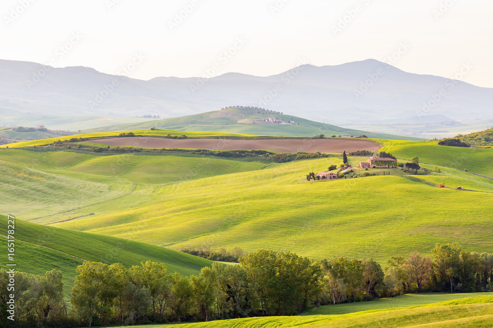 Rolling landscape with a farm on a hill