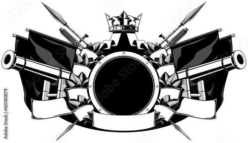 The black white coat of arms with flags, swords, spears, guns and crown