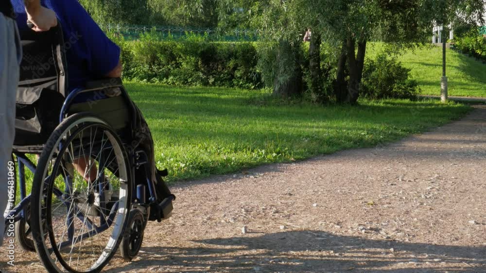 A person helping to disabled. Unrecognizable person taking care of disabled and pushing a wheelchair along the path in the park. A person helping to disabled. Unrecognizable person taking care of disabled and pushing a wheelchair along the path in the park.
