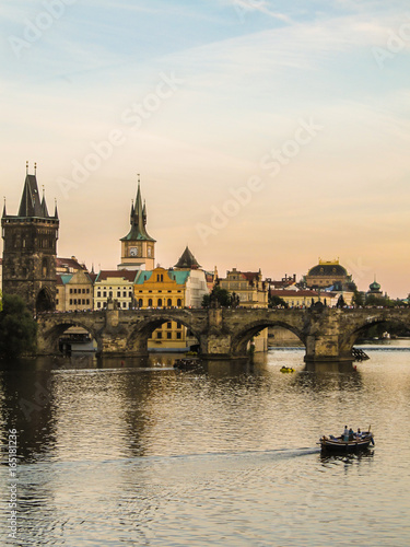 Charles Bridge in Prague with sunset colors
