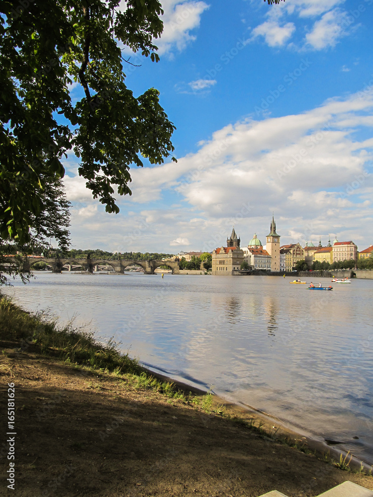 A view of Charles Bridge from the Vltava river banks
