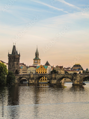 Charles Bridge in Prague with sunset colors