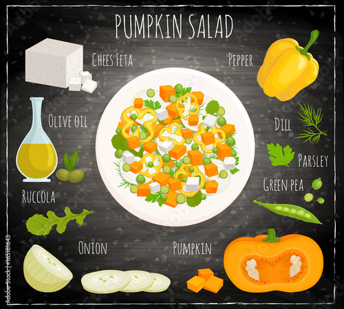 Recipe for pumpkin salad with feta, onion and green peas. Vector illustration. Food with ingredients. Top view.