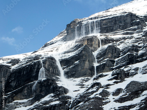 avalanches pouring off the north face of Eiger in late winter in the Swiss Alps