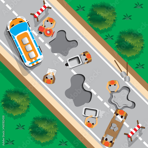 Repair of road. View from above. Vector illustration. 