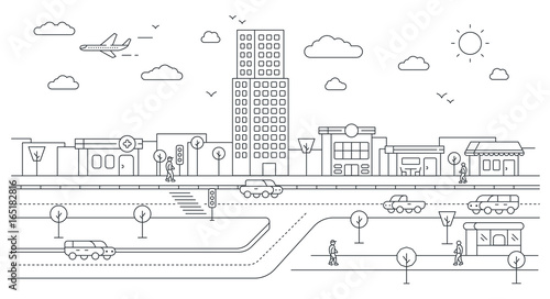 Isometric City Street Landscape View with Buildings, Roads, Trees, Cars and Walking People. Minimal Flat Line Outline Stroke Icon Illustration.
