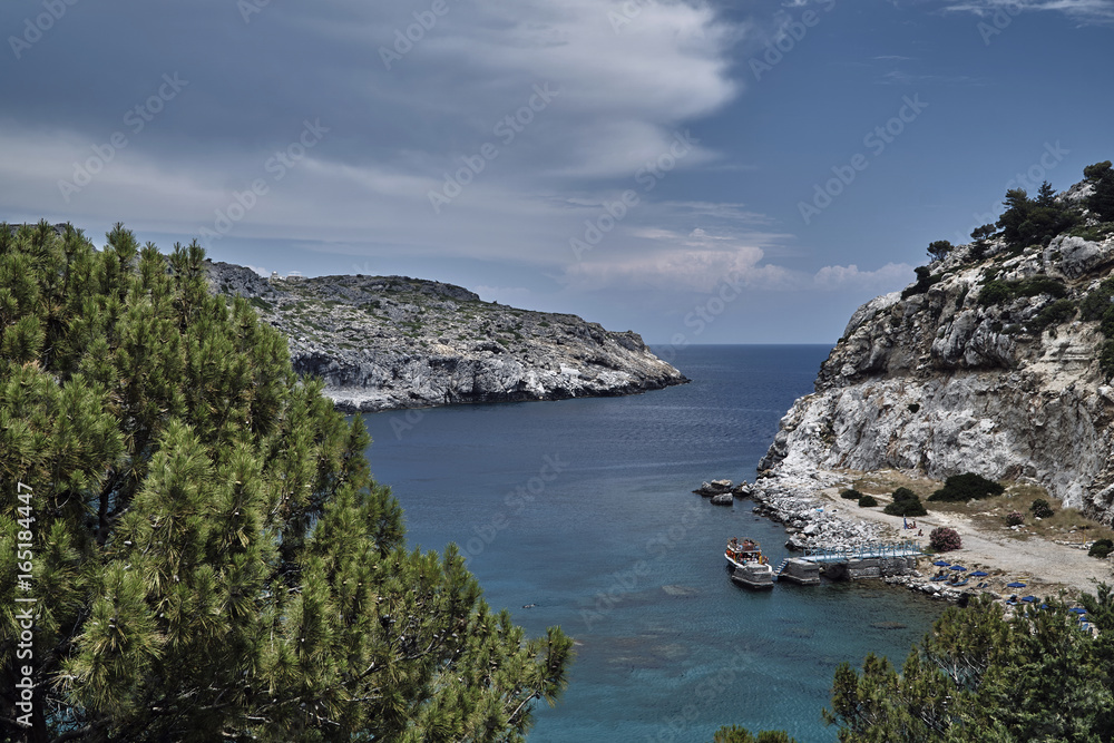 Ship in the in Anthony Quinn Bay on the island of Rhodes, Greece . Ship in the in Anthony Quinn Bay on the island of Rhodes, Greece .