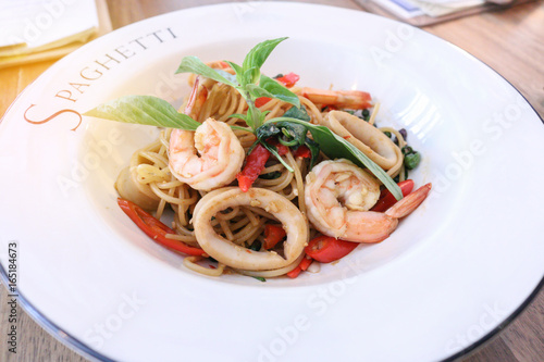spicy seafood spaghetti with light effect