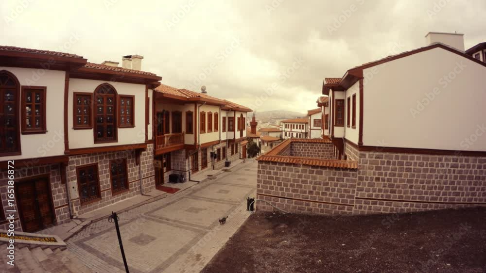 Small Street of Old Ankara With White Houses Cat Walks Cloudy Day Small Street of Old Ankara With White Houses Cat Walks Cloudy Day