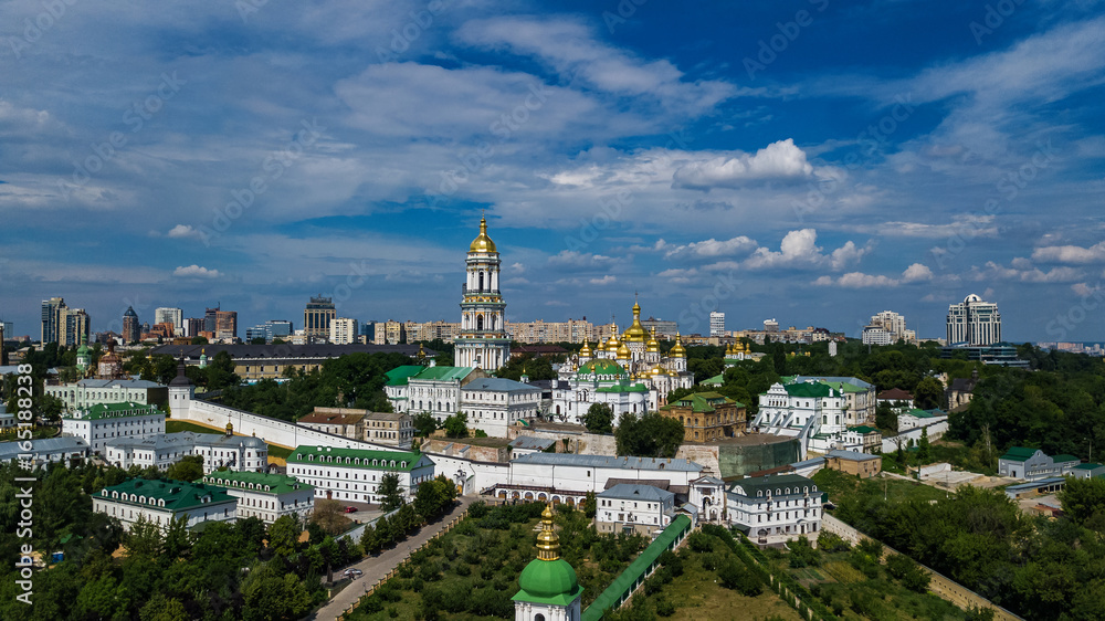 Aerial top view of Kiev Pechersk Lavra churches on hills from above, Kyiv city, Ukraine
