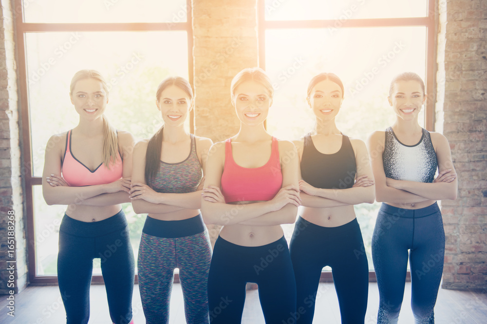 Fototapeta premium Sport, vitality, health, weight loss, bodycare, beauty, wellness and wellbeing concept. Five hot young sport ladies are standing with crossed hands in the gym, smiling