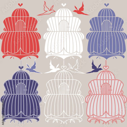 Set with vintage bird cages. Vector for wedding