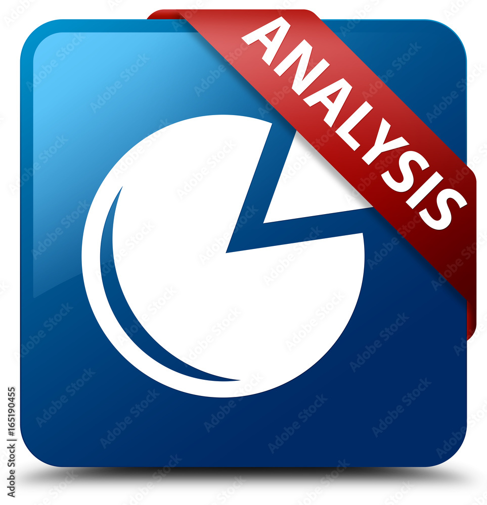 Analysis (graph icon) blue square button red ribbon in corner Analysis (graph icon) blue square button red ribbon in corner