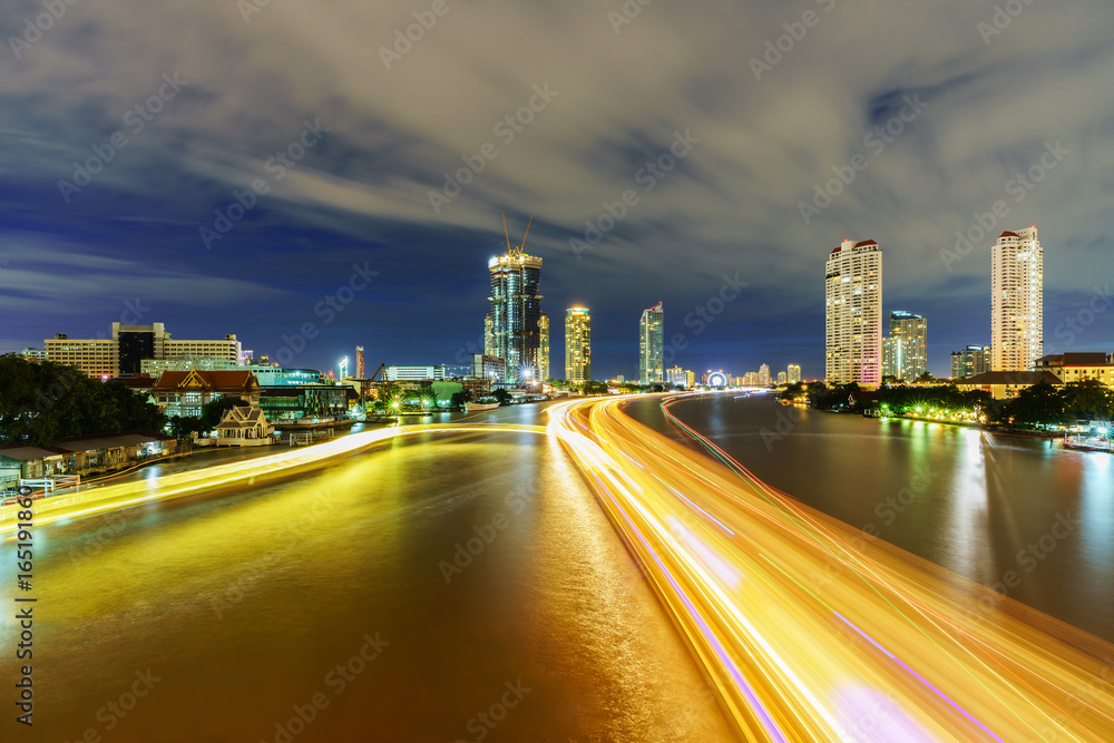Beautiful cityscape of Bangkok viewing traffic on Chao Phraya river in twilight from Taksin Bridge , Thailand Beautiful cityscape of Bangkok viewing traffic on Chao Phraya river in twilight from Taksin Bridge , Thailand