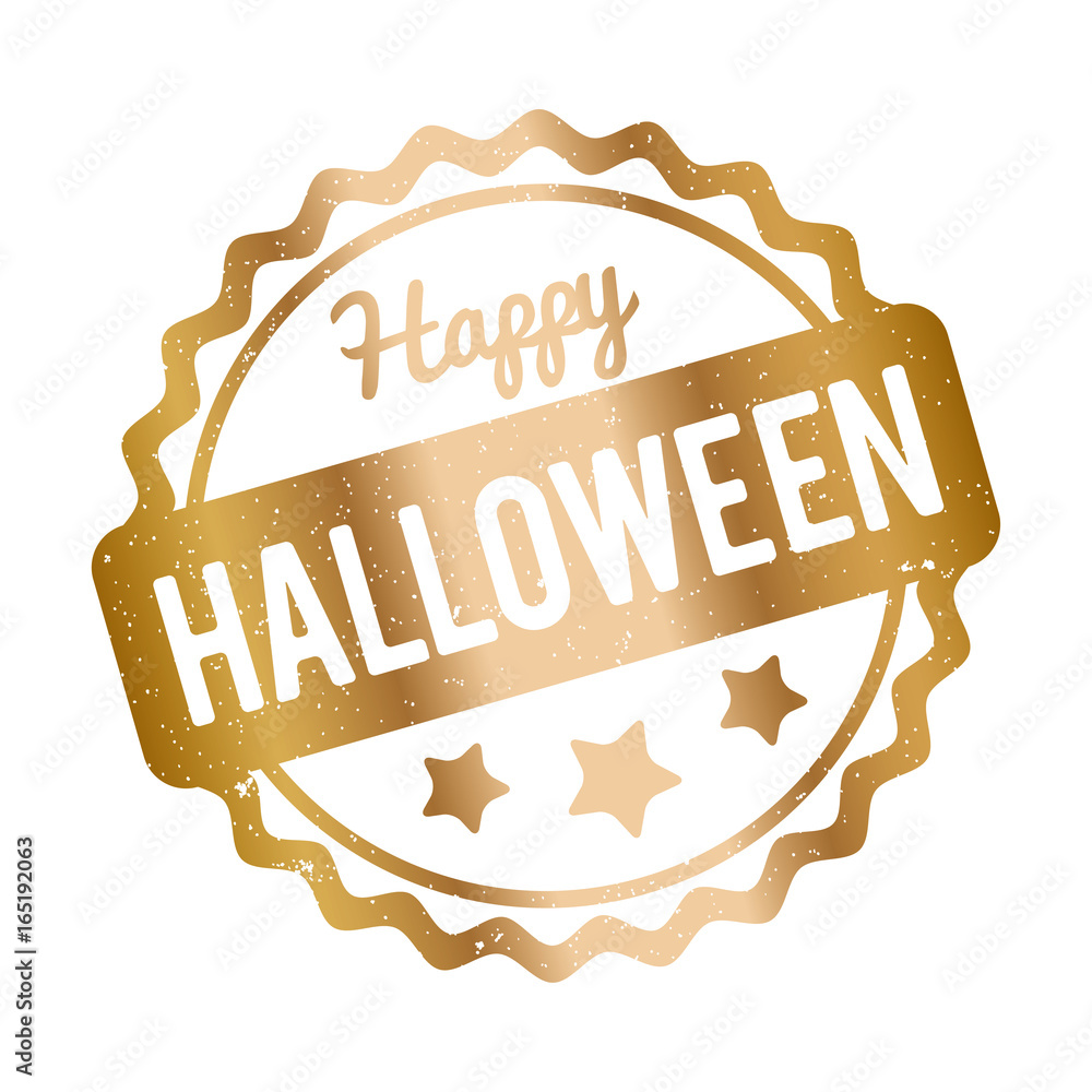 Obraz premium Happy Halloween rubber stamp gold on white background.