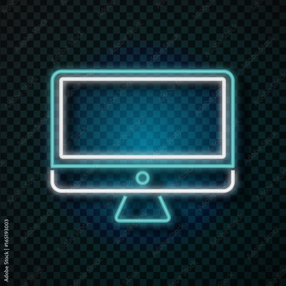 Vector isolated realistic computer blue neon sign on the transparent background. Concept of electronics market and computer shop. Vector isolated realistic computer blue neon sign on the transparent background. Concept of electronics market and computer shop.