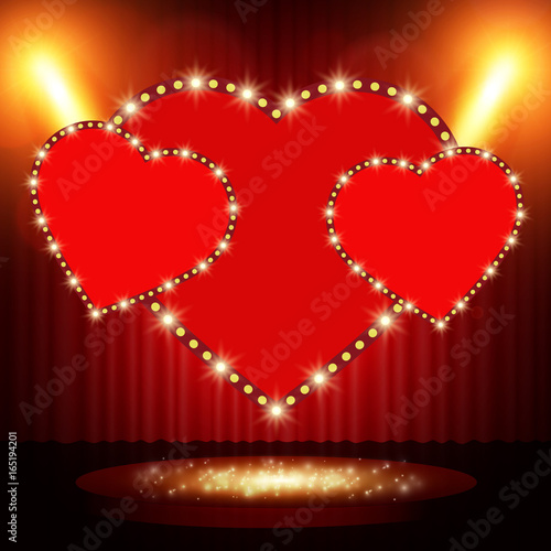 Retro heart banner on stage with spotlight effect background