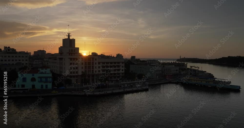 A wide establishing shot of the sun setting over Havana, Cuba. A wide establishing shot of the sun setting over Havana, Cuba.