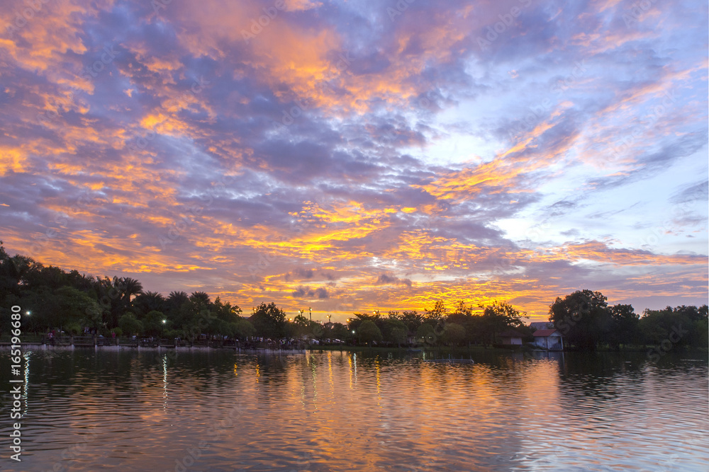 Sunset over the lake at Trat park, east Thailand