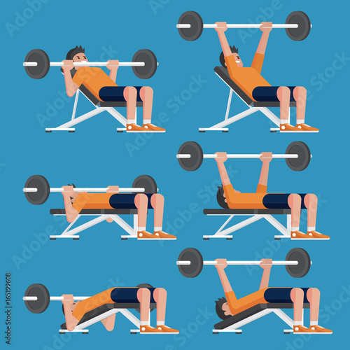 Set of man in weight training chest workout poses.