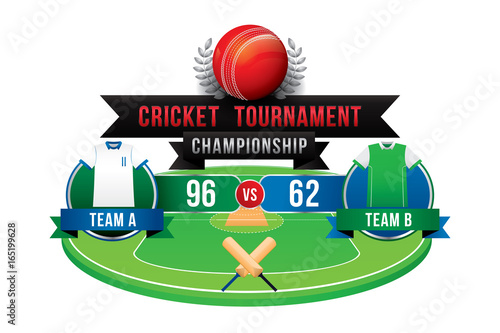 Vector of cricket championship badge design with team players and scoreboard.